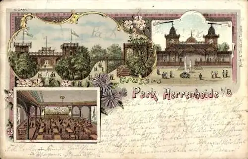 Litho Herrenhaide Burgstädt in Sachsen, Gruß aus Park Herrenhaide