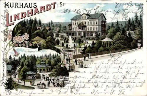 Litho Lindhardt Naunhof Sachsen, Kurhaus, Landschaft mit Bäumen, Menschen, Gartenanlagen, Gebäude