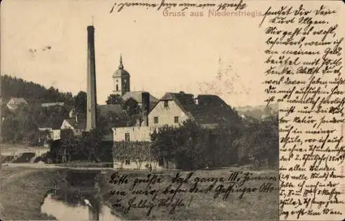 Ak Niederstriegis Roßwein in Sachsen, Wohnhaus mit Kirche, Schornstein, Fluss