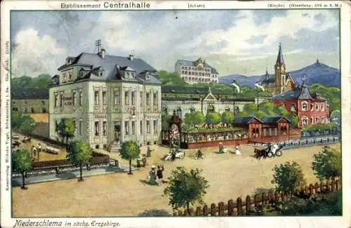 Künstler Ak Oberschlema Bad Schlema im Erzgebirge Sachsen, Hotel Zentralhalle, Schule, Kirche