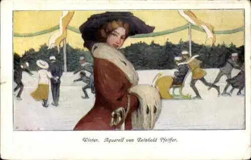 Künstler Ak Pfeiffer, Reinhold, Winter, Frau im Wintermantel, Schlittschuhläufer, Allegorie