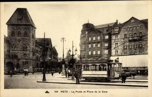 Ak Metz Moselle, Post am Bahnhofsplatz, Straßenbahn