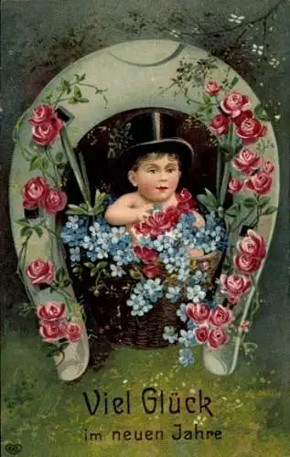 Präge Ak Glückwunsch Neujahr, Junge mit Zylinder, Hufeisen