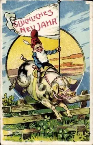 Litho Glückwunsch Neujahr, Zwerg auf einem Schwein, Kleeblätter