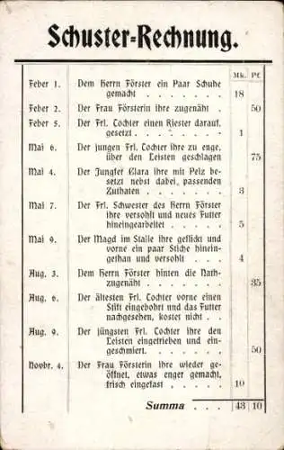 Ak Schuster-Rechnung, Dem Herrn Förster ein Paar Schuhe gemacht