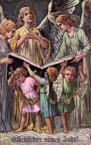 Ak Glückwunsch Neujahr, Engel mit Buch