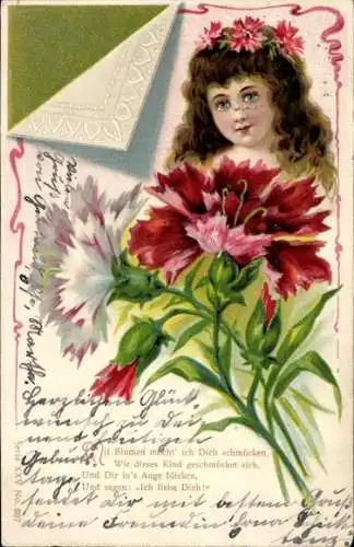 Litho Mädchen, Portrait, Nelken