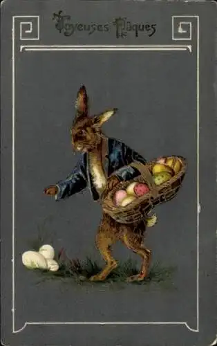 Präge Ak Frohe Ostern, Osterhase, Korb mit Ostereiern