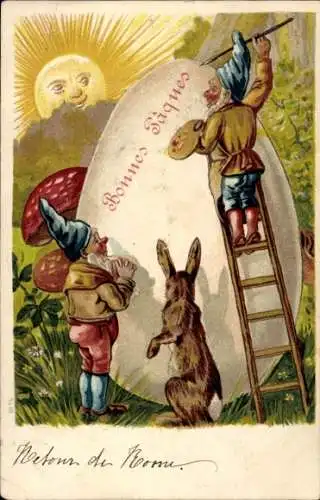 Litho Frohe Ostern, Zwerge bemalen Osterei, Osterhase, Sonne