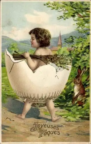 Präge Litho Frohe Ostern, Kind in einer Eierschale, Weidenkätzchen, Osterhase