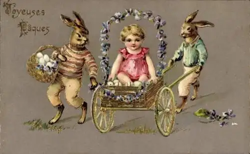 Präge Ak Frohe Ostern, Osterhasen, Kind in einem Wagen