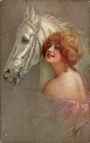 Künstler Ak Rothaarige Frau, Portrait mit einem weißen Pferd