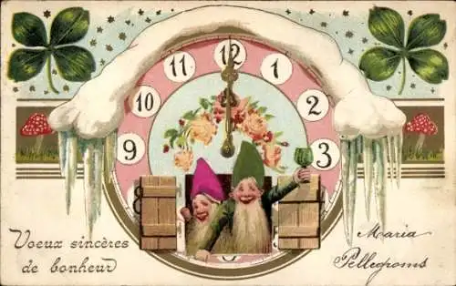 Präge Ak Fröhliches Neujahr, Uhr, Zwerge, Kleeblätter, Fliegenpilze