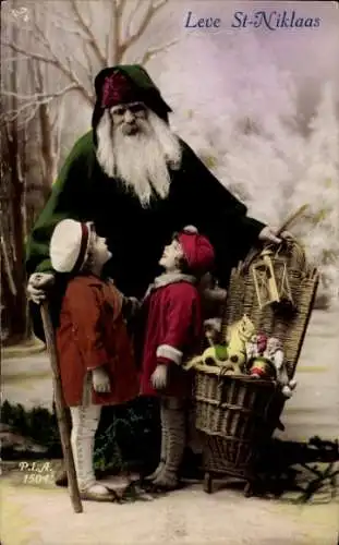 Ak St. Nikolaus, Holzkiepe mit Geschenken, Kinder