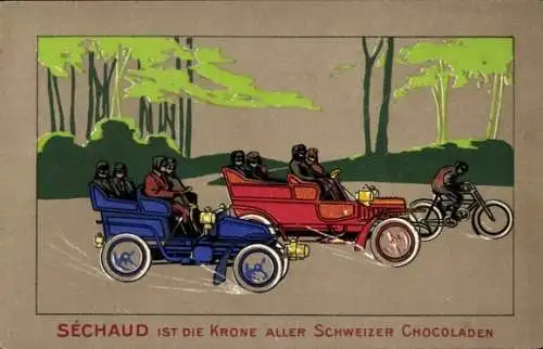 Ak Reklame Séchaud, Die Krone aller Schweizer Chocoladen, Automobile, Motorrad