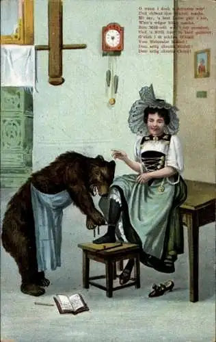 Ak Schweiz, Mädchen in schweizerischer Tracht, Braunbär, Strümpfe