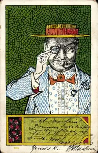 Litho Nobler Mann, Monokel, Zigarette, Hut