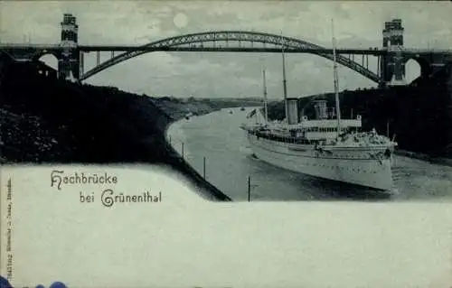 Mondschein Ak Grünental Beldorf in Schleswig Holstein, Hochbrücke Grünenthal, Yacht Hohenzollern