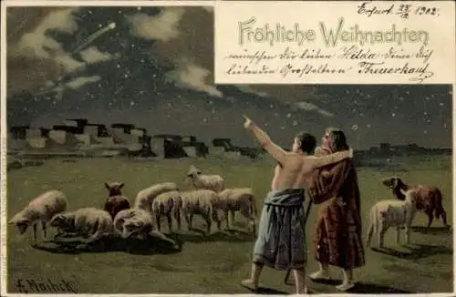 Künstler Litho Mailick, Glückwunsch Weihnachten, Hirte, Schafe, Stern