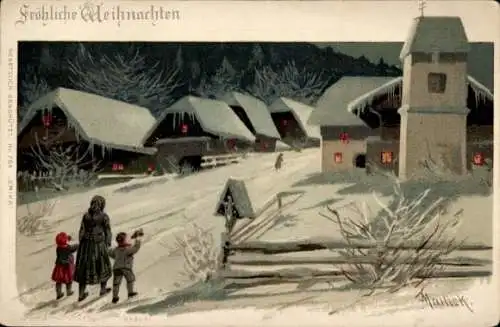 Künstler Litho Mailick, Glückwunsch Weihnachten, Dorf im Winter, Kirche