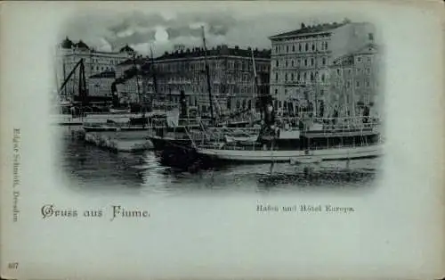 Mondschein Ak Rijeka Fiume Kroatien, Hafen, Hotel Europa