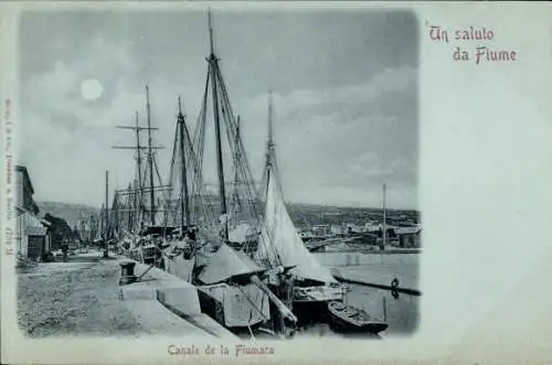 Mondschein Ak Rijeka Fiume Kroatien, Canale de la Fiumara, Segelschiffe im Hafen