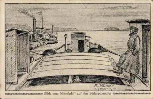 Künstler Ak Hilmer, A., Mittelschiff, Schleppdampfer, Soldat, 1917