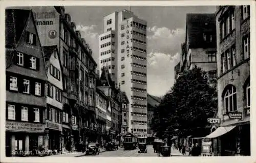 Ak Stuttgart in Württemberg, Tagblatt Turmhaus, Cigarren Haberkorn, Straßenbahn