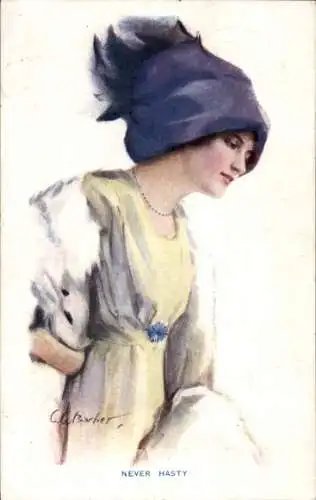 Künstler Ak Gemaltes Frau-Porträt, Mütze, Pelzstola