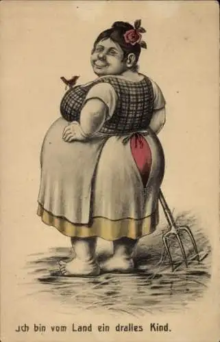 Ak Bäuerin, Heugabel, Rundliche Frau, Ich bin vom Land ein dralles Kind