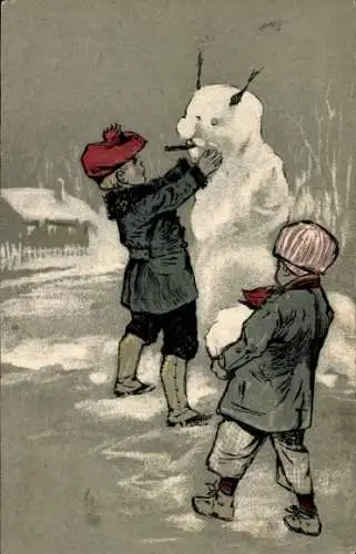 Präge Litho Jungen bauen einen Schneemann