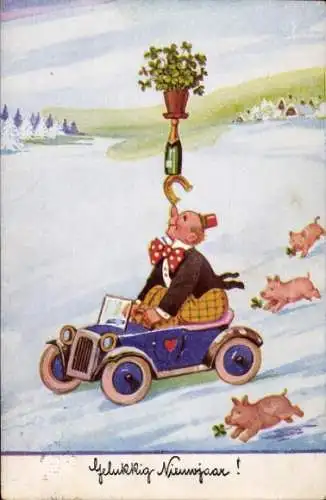 Ak Glückwunsch Neujahr, Sekt, Schweine, Clown