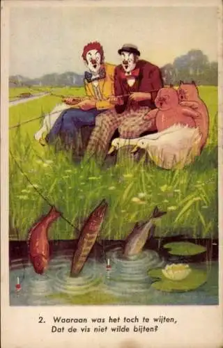 Künstler Ak zwei Clowns beim Angeln, Fische, Schweine, Gänse