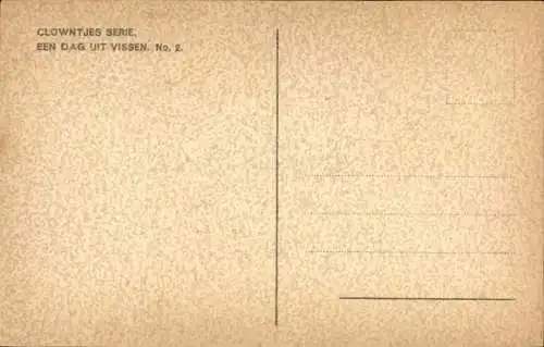 Künstler Ak zwei Clowns beim Angeln, Fische, Schweine, Gänse