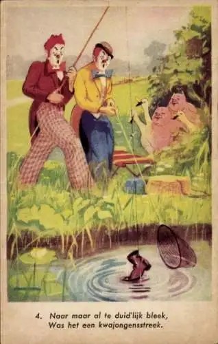 Künstler Ak zwei Clowns beim Angeln, Fische, Schweine, Gänse