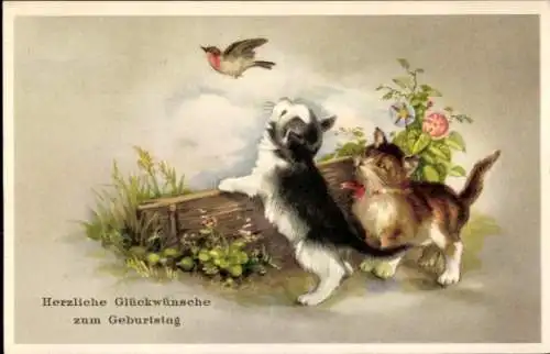 Ak Glückwunsch zum Geburtstag, Zwei junge Katzen beobachten einen Vogel