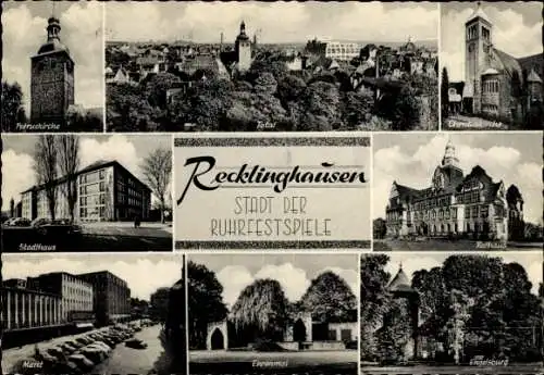 Ak Recklinghausen im Ruhrgebiet, Totale, Christuskirche, Rathaus, Stadthaus, Ehrenmal, Petrusksirche