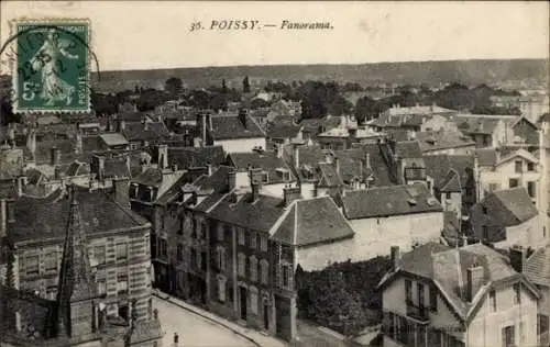 Ak Poissy Yvelines, Panoramablick auf Poissy mit vielen Dächern, Kirchturm und Bäumen