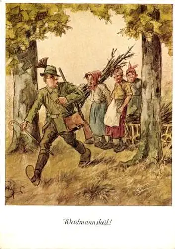 Künstler Ak Geilfus, H., Waidmannsheil, Alte Frauen beim Holz holen treffen Jäger im Wald