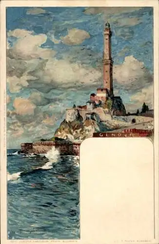 Künstler Litho Wielandt, Manuel, Genova Genua Ligurien, Küstenpartie, Leuchtturm