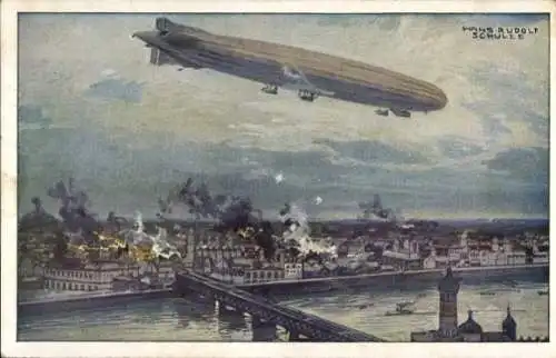 Künstler Ak Schulze, Hans Rudolf, Zeppelin, Luftschiff Schütte Lanz, Warschau bombardierend, I. WK