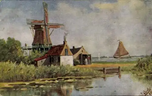 Künstler Ak Oudes, J., Landschaftsmotiv, Windmühle, Segelboot