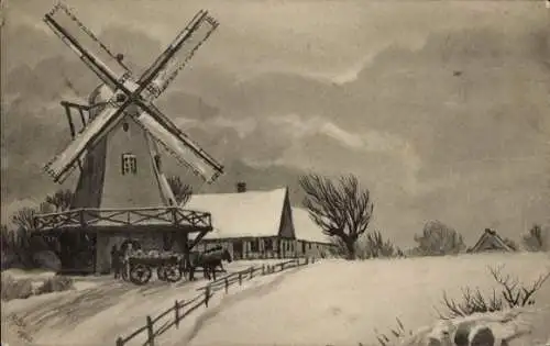 Ak Windmühle, Winter, Schnee, Fuhrwerk