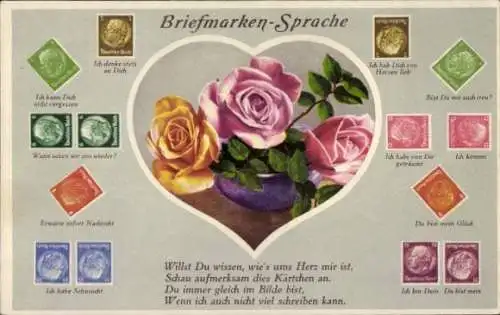 Ak Briefmarkensprache, Rosen, Kitsch