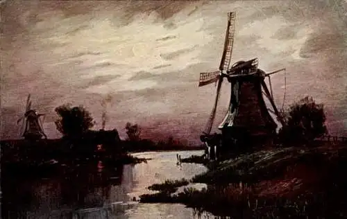 Mondschein Ak Windmühlen am Fluss, Bewölkter Himmel