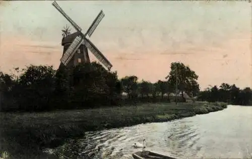 Ak Windmühle, Fluss, Ruderboot, Schwan