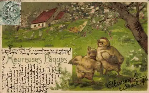 Präge Litho Glückwunsch Ostern, Küken beobachten einen Schmetterling