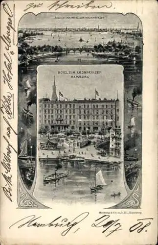 Ak Hamburg, Hotel Zum Kronprinzen, Aussicht auf den Hafen, Schiffe