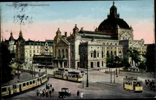 Ak Frankfurt am Main, Schauspielhaus, Straßenbahnen