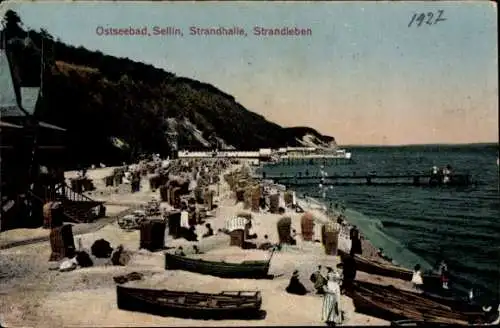 Ak Ostseebad Sellin auf Rügen, Strandhalle, Strandleben